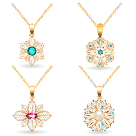 Illustration of a set of gold pendants with filigree and precious stones isolated on white background.のイラスト素材
