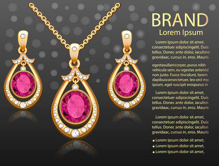 Illustration poster jewelry pendant necklace with gemstones and earrings with reflectionのイラスト素材