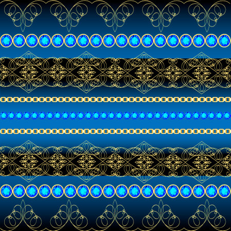 Illustration of a seamless background with gold patterns, gems and chainsのイラスト素材