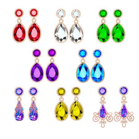 Illustration set of jewelry earrings with precious stones isolated on white background.のイラスト素材