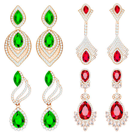 Illustration set of jewelry earrings with precious stones isolated on white background.のイラスト素材
