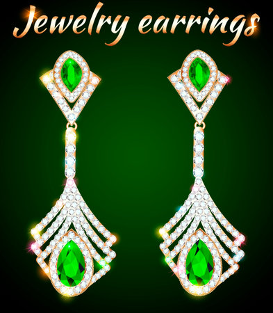 Illustration of gold jewelry earrings with emerald and precious stonesのイラスト素材