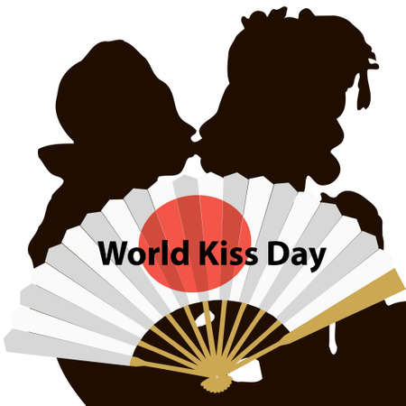 Illustration card for World Kiss Day with silhouette of kissing people behind a fan.のイラスト素材