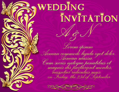 Illustration wedding invitation with gold ornaments and precious stones.のイラスト素材