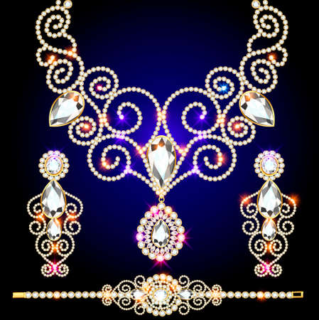 Illustration set of jewelry wedding with precious stones necklace, earrings and braceletのイラスト素材