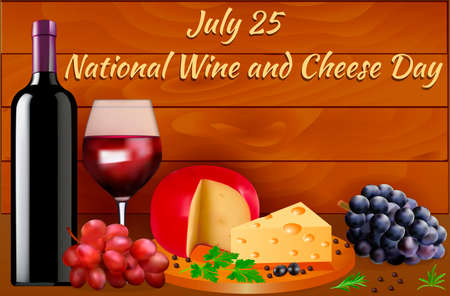 Postcard for 25 July International Day of Wine and Cheese with a bottle and glass of cheese and grapes.のイラスト素材