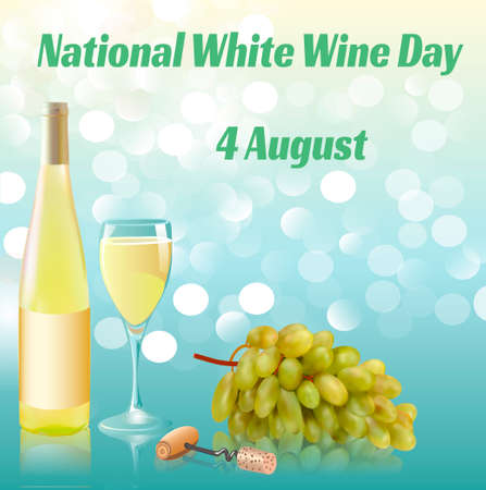 Baner illustration of National White Wine Day with bottle glass and grapes with reflectionのイラスト素材