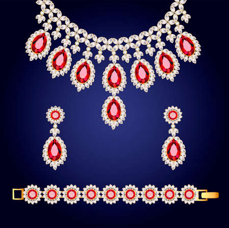 Illustration of jewelry set bracelet earrings and necklace with precious stones.のイラスト素材
