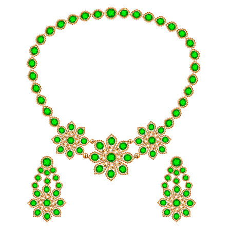 Illustration set of bead necklace and earrings and gemsのイラスト素材