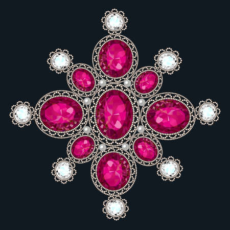 brooch jewelry, design element. Tribal ethnic pattern with precious stones. Geometric vintage ornamental background.のイラスト素材