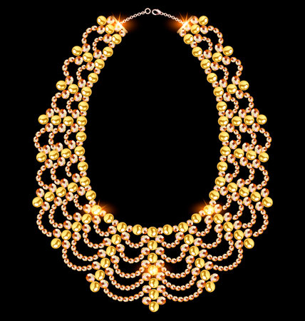 Illustration of jewelry gold necklace made of beads on a black backgroundのイラスト素材