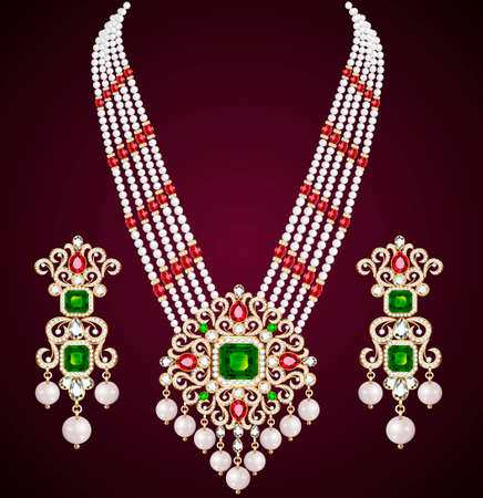 illustration set of necklace and earrings, wedding female diamondのイラスト素材