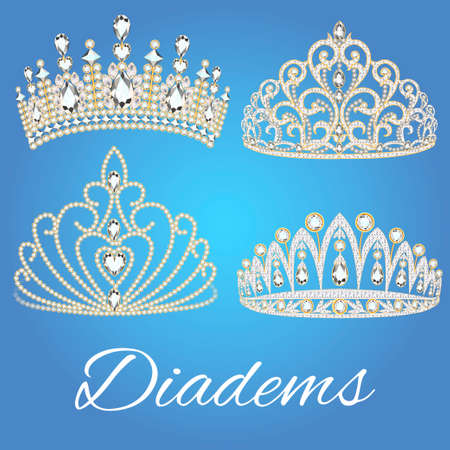 Illustration set of beautiful wedding diades with precious stones.のイラスト素材