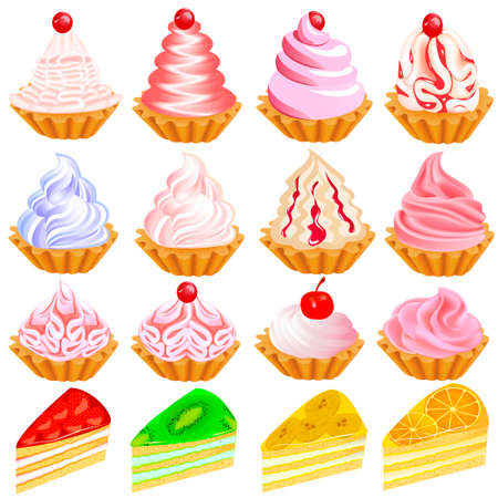 illustration of a set of delicious cakes on the whiteのイラスト素材