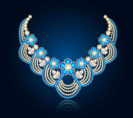 Illustration of a jewelry necklace with precious stones and sapphires with reflectionのイラスト素材