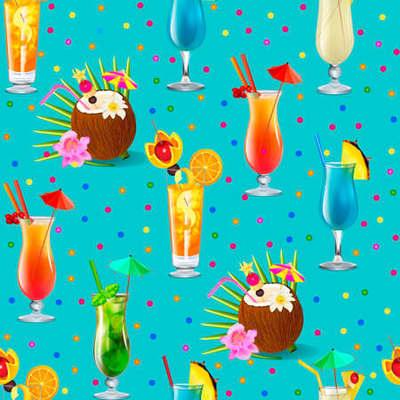 Illustration seamless background with tropical alcoholic cocktails and fruits.のイラスト素材