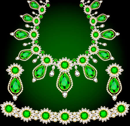 Illustration of a jewelry set of necklace, earrings and bracelet in gold with precious stones and emeralds.のイラスト素材