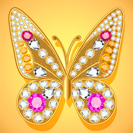 Jewelry gold butterfly in gems. Beautiful decoration.のイラスト素材