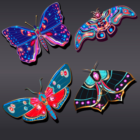 Illustration set of jewelry gold brooches butterflies pendants from precious stones. Beautiful jewelry with reflection.のイラスト素材