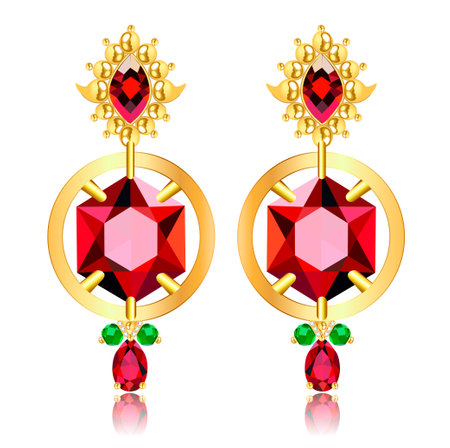 Illustration of jewelry gold earrings with precious stones isolated on white with reflectionのイラスト素材