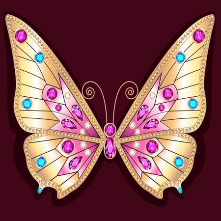 Jewelry gold butterfly in gems. Beautiful decoration.のイラスト素材