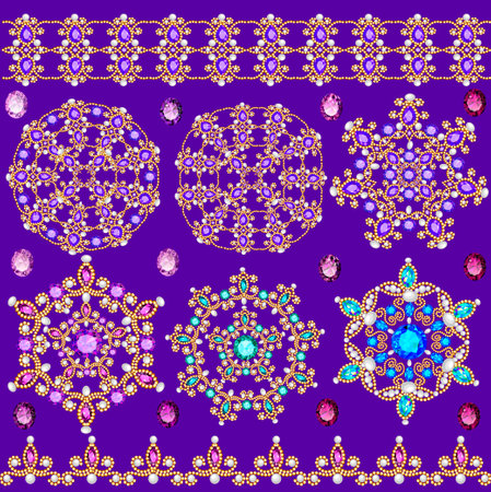 Illustration set of jewelry vintage pendants ornament made of beads of gold color and precious stones and pearlsのイラスト素材