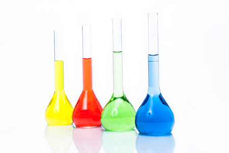 Set of flat-bottomed flasks with color liquid
