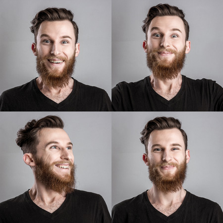 Exited young man isolated on gray background. Emotional portraits collageの写真素材