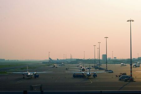 parked aircrafts at Amsterdam Airport Schiphol, Hollandの写真素材