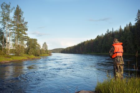 trout fishing at Ruunaa hiking area, Finlandの写真素材