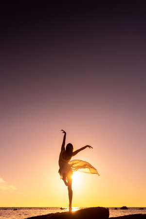 free happy woman silhouette at seasideの写真素材