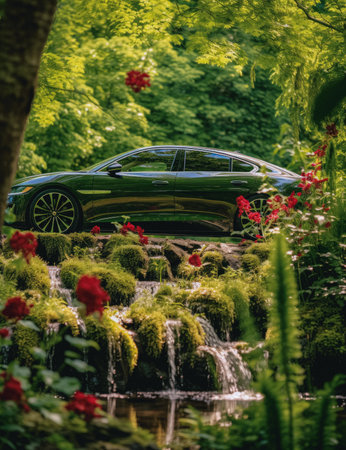 luxury electric car in outdoor setting, AI generatedの素材