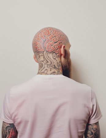 Unique Personality Man with brain tattoo on shaved head against beige background; AI generatedの素材