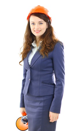 The beautiful business woman the engineer standing with a megaphone on a white .の写真素材