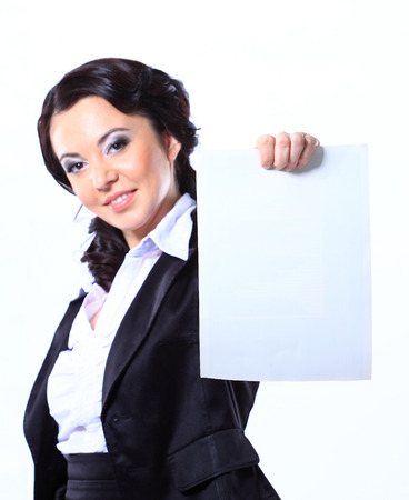Happy Smiling Young Business Woman Holding Blank Placard. Isolated On Whiteの写真素材