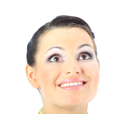 Closeup portrait of a beautiful woman. Isolated on white background.の写真素材