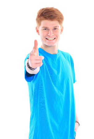 A smiling man showing sign, isolated on white background の写真素材