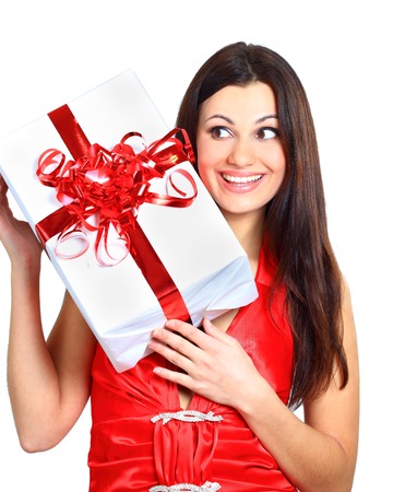 Young happy woman with a giftの写真素材