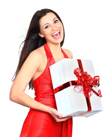 Young happy woman with a giftの写真素材
