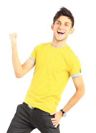 Handsome young man expressing positivity isolated on whiteの写真素材