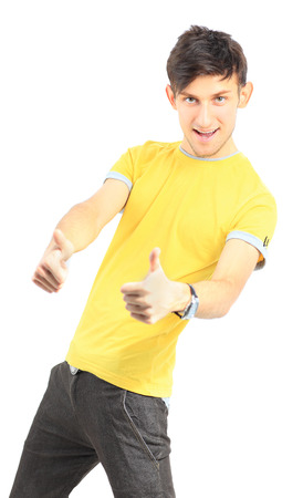 Handsome young man expressing positivity isolated on whiteの写真素材