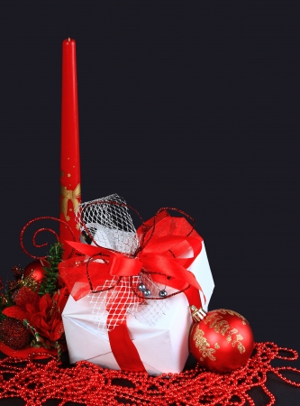 christmas gift with red balls bowの写真素材
