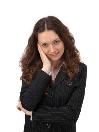Thoughtful business woman portrait isolated over a white background の写真素材