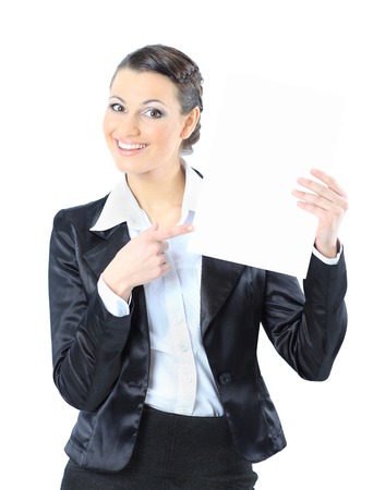 Beautiful business woman with a white banner. Isolated on a white background.の写真素材