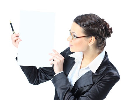 Nice business woman in glasses with a white banner. Isolated on a white background.の写真素材