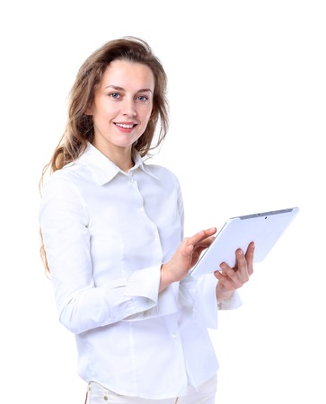 Portrait of happy young business woman isolated on white の写真素材