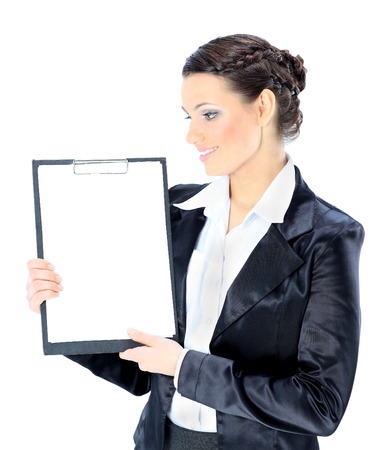Beautiful business woman with the work plan, smiling. Isolated on a white background.の写真素材
