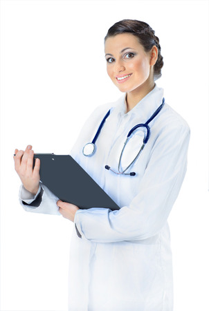 Attractive woman doctor with the results of the study. Isolated on a white background.の写真素材