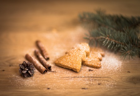 Cinnamon Christmas cookies and spices on wooden background