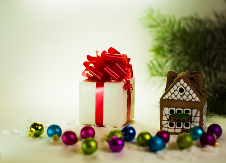 gifts on a white background with Christmas ballsの写真素材